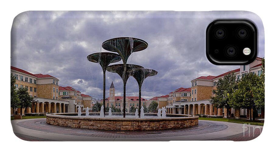 Fort iPhone 11 Case featuring the photograph Panorama of Texas Christian University Campus Commons and Frog Fountain - Fort Worth Texas by Silvio Ligutti