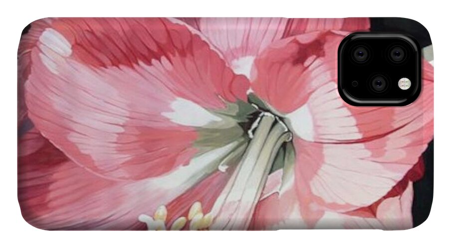 Pink Amaryllis iPhone 11 Case featuring the painting Pink Amaryllis by Laurie Rohner