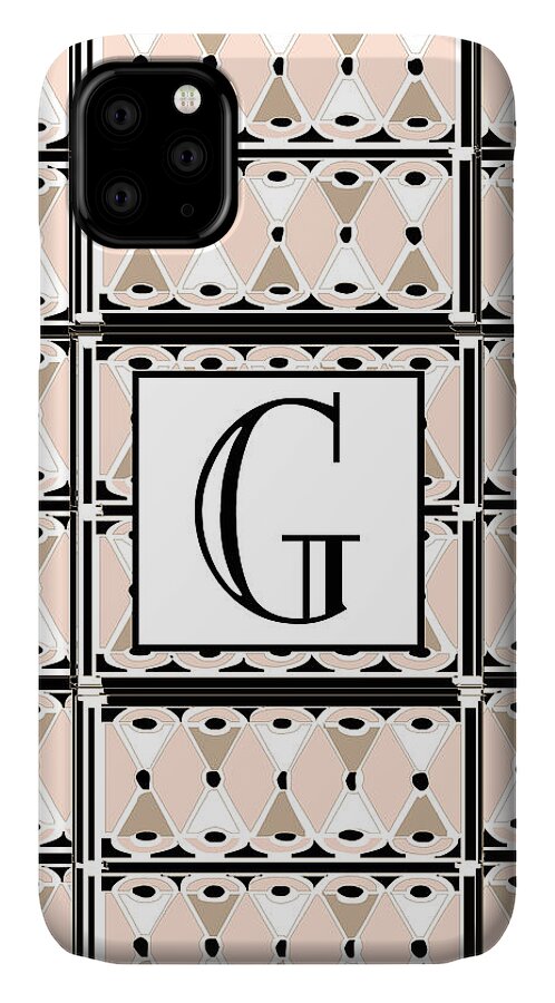 Art Deco iPhone 11 Case featuring the digital art Pink Champagne Deco Monogram G by Cecely Bloom