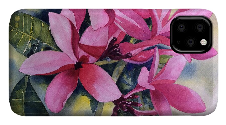 Plumeria Flowers iPhone 11 Case featuring the painting Pink Plumeria Flowers by Hilda Vandergriff