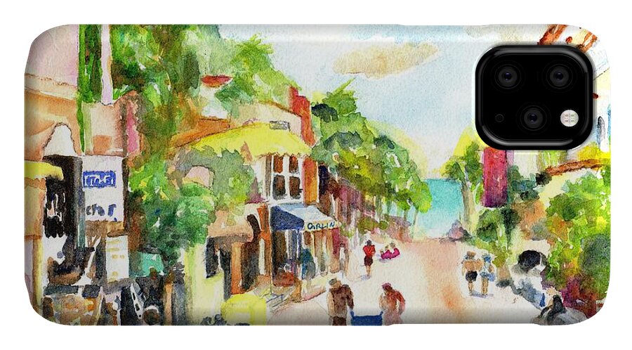 Playa Del Carmen iPhone 11 Case featuring the painting Playa del Carmen Mexico Shops by Carlin Blahnik CarlinArtWatercolor