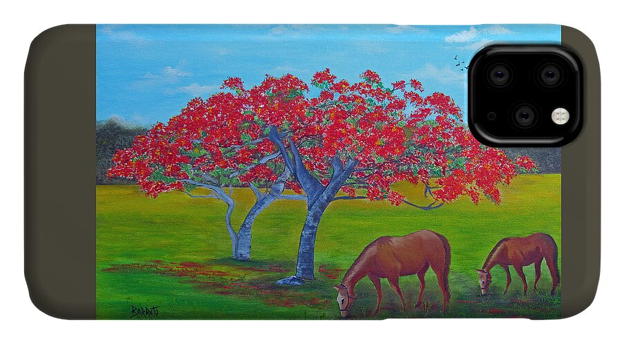 Flamboyant iPhone 11 Case featuring the painting Pleasent Pastures by Gloria E Barreto-Rodriguez
