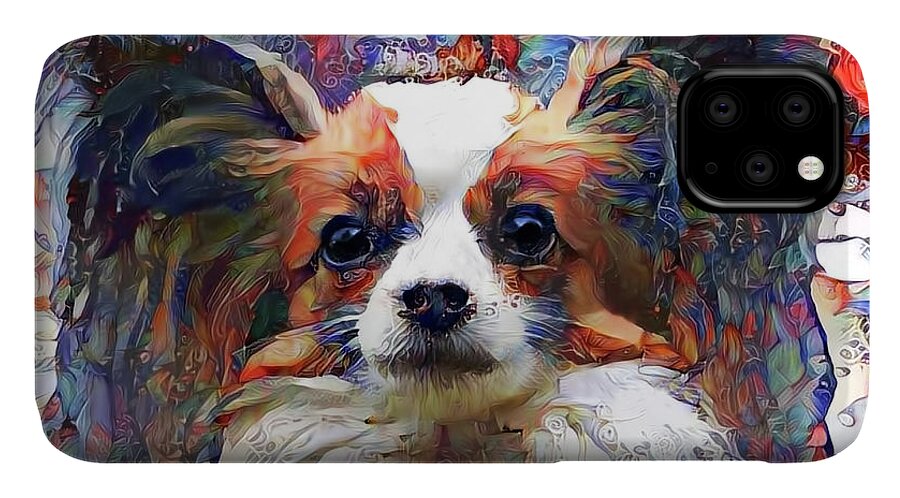 Papillon iPhone 11 Case featuring the digital art Poppy the Papillon Dog by Peggy Collins