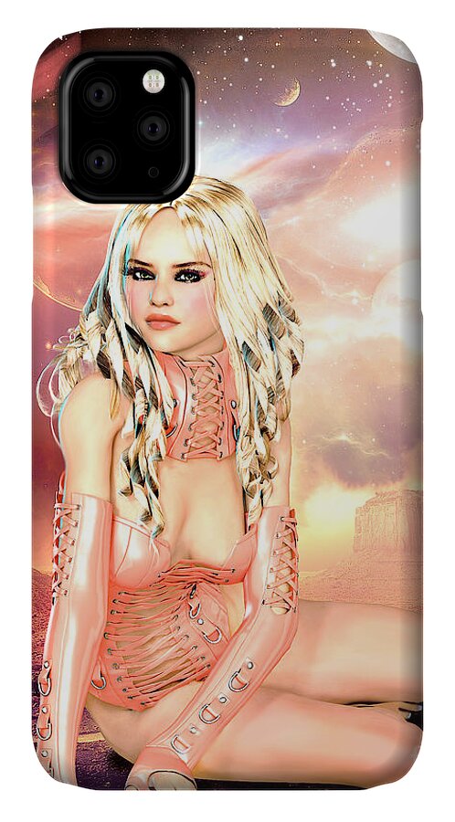 Pin-up iPhone 11 Case featuring the digital art Pretty in Peach Galaxies by Alicia Hollinger