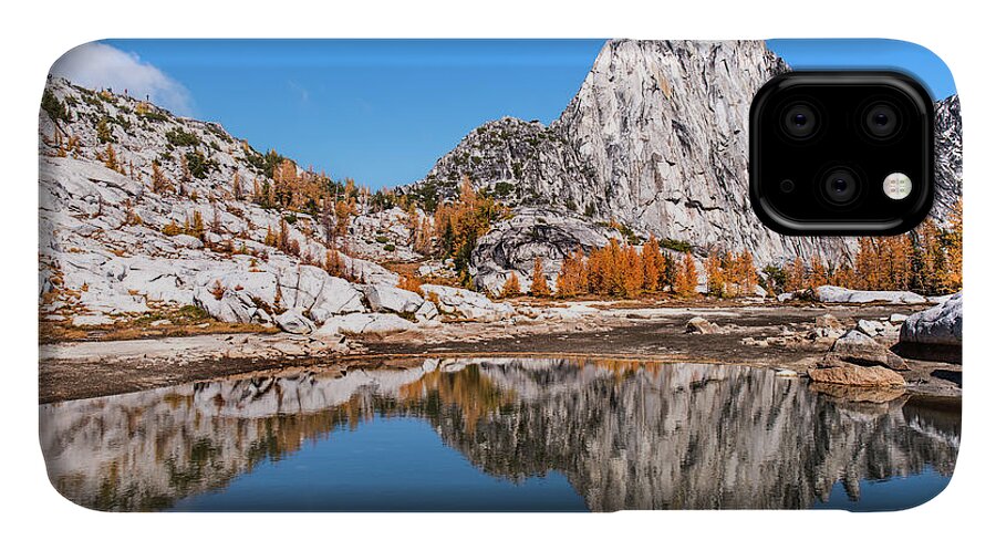Prusik Peak iPhone 11 Case featuring the photograph Prusik Peak reflected in Gnome Tarn by Michael Lee
