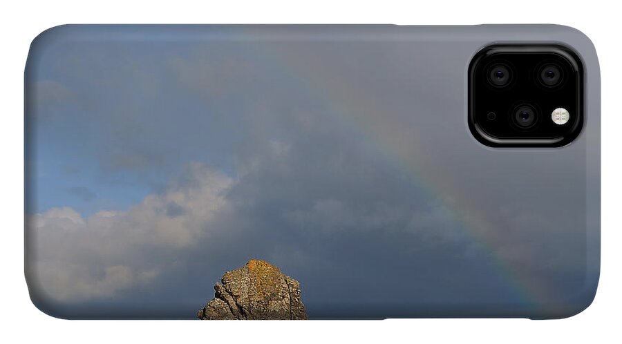 Durness iPhone 11 Case featuring the photograph Rainbow above Sango Bay Sea Stack by Maria Gaellman