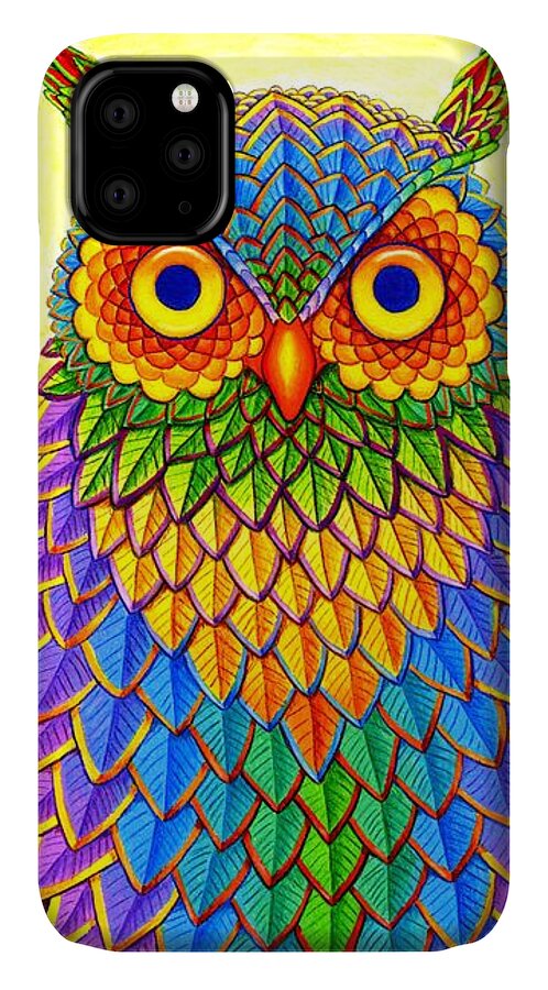 Owl iPhone 11 Case featuring the drawing Rainbow Owl by Rebecca Wang