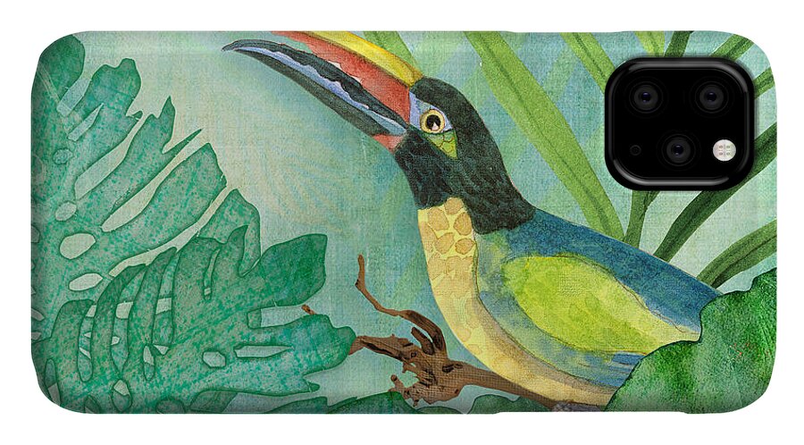Square Format iPhone 11 Case featuring the painting Rainforest Tropical - Jungle Toucan w Philodendron Elephant Ear and Palm Leaves 2 by Audrey Jeanne Roberts