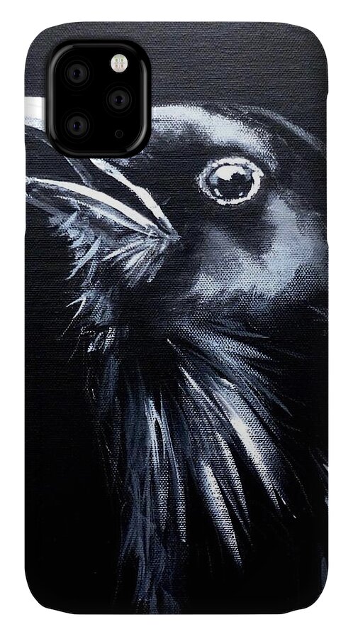 Raven iPhone 11 Case featuring the painting Raven Warning by Pat Dolan