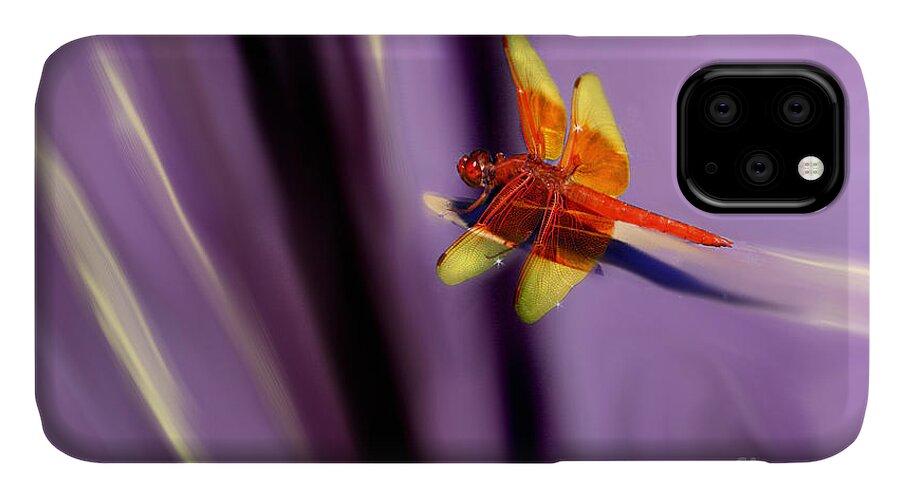 Dragonfly iPhone 11 Case featuring the mixed media Red Dragonfly on Purple Background by Lisa Redfern