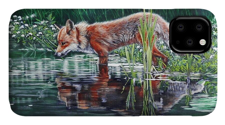 Fox iPhone 11 Case featuring the painting Red Fox Reflecting by John Neeve