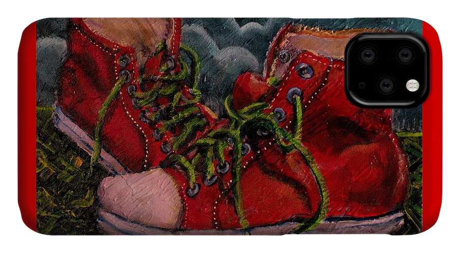 Red iPhone 11 Case featuring the painting Red Sneakers by Dennis Tawes