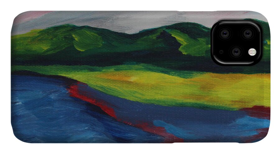 Painting iPhone 11 Case featuring the painting Red Streak Lake by Annette M Stevenson