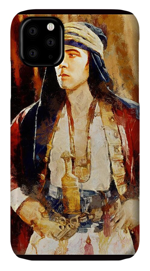 Rudolph Valentino iPhone 11 Case featuring the digital art Rudolph Valentino as The Sheikh by Charmaine Zoe