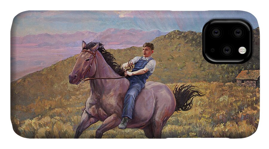 Wall Art iPhone 11 Case featuring the mixed media Runaway Roan by Robert Corsetti