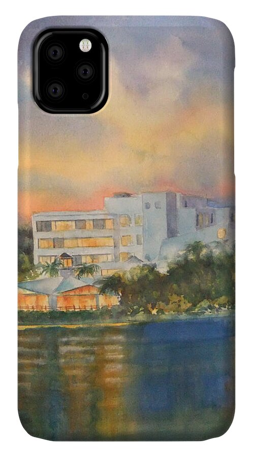 Sandcastle Hotel In Clearwater Florida iPhone 11 Case featuring the painting Sandcastle Retreat by Debbie Lewis