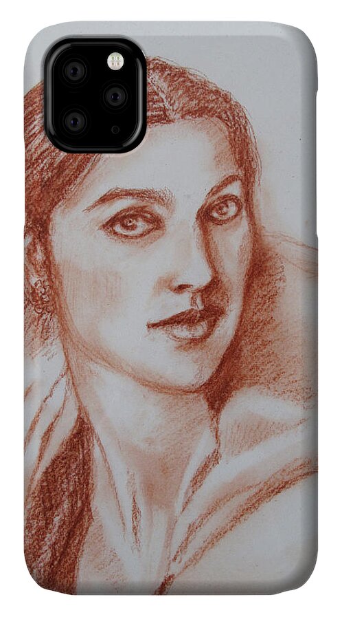 This Portrait Sketch Is Of Jhumpa Lahiri iPhone 11 Case featuring the drawing Sketch in conte crayon by Asha Sudhaker Shenoy