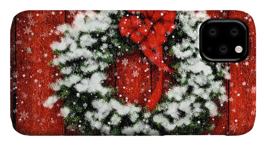 Christmas iPhone 11 Case featuring the photograph Snowy Christmas Wreath by Lois Bryan