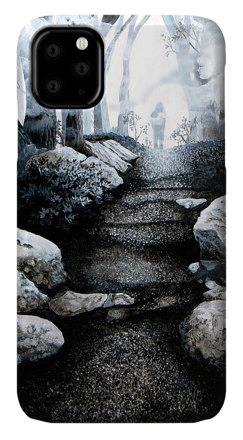 Monochrome Landscape iPhone 11 Case featuring the painting Soul Journey by Mary Palmer