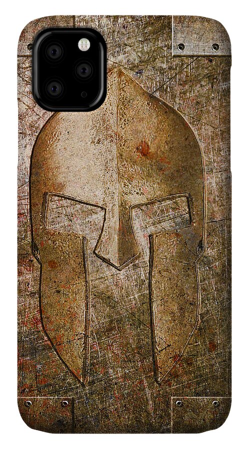 Molon Labe iPhone 11 Case featuring the digital art Spartan Helmet on Metal Sheet with Copper Hue by Fred Ber