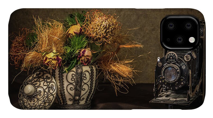 Still Life iPhone 11 Case featuring the photograph Still Life with Flowers and Camera by Wim Lanclus