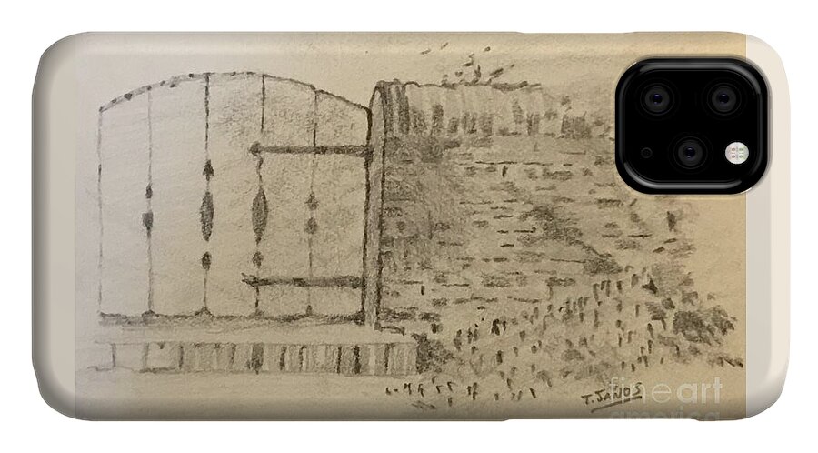Sketch iPhone 11 Case featuring the drawing Stone Gate by Thomas Janos