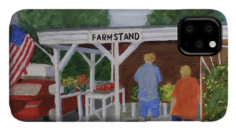 Landscape Summer Farm Stand Vegetables Flowers American Flag Vacation Fruits Country iPhone 11 Case featuring the painting Summer Farm Stand by Scott W White