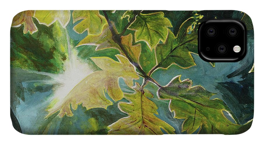 Sun iPhone 11 Case featuring the painting Sun Through Oak Leaves by Lynn Hansen