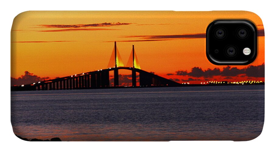 Sunshine Skyway Bridge iPhone 11 Case featuring the photograph Sunset over the Skyway Bridge by Barbara Bowen