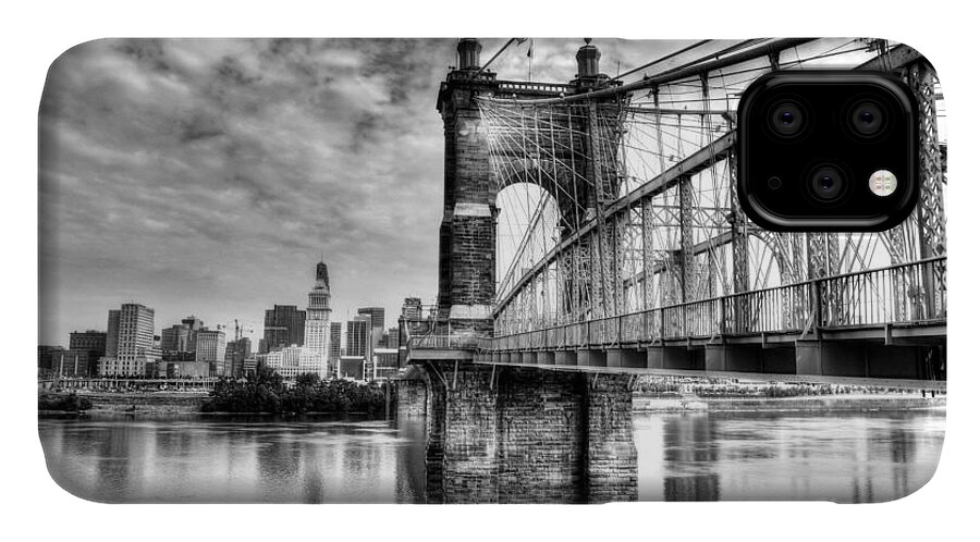 Mel Steinhauer iPhone 11 Case featuring the photograph Suspension Bridge At Cincinnati BW by Mel Steinhauer