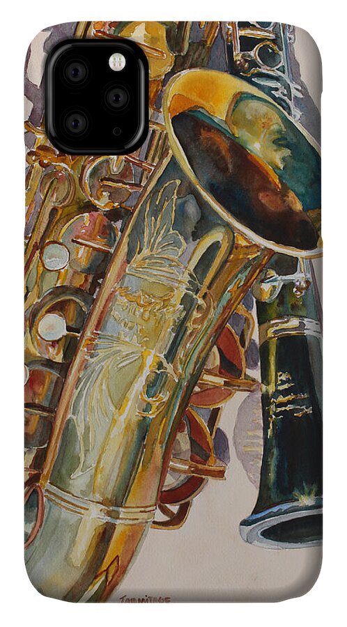 Saxophone iPhone 11 Case featuring the painting Taking a Shine to Each Other by Jenny Armitage