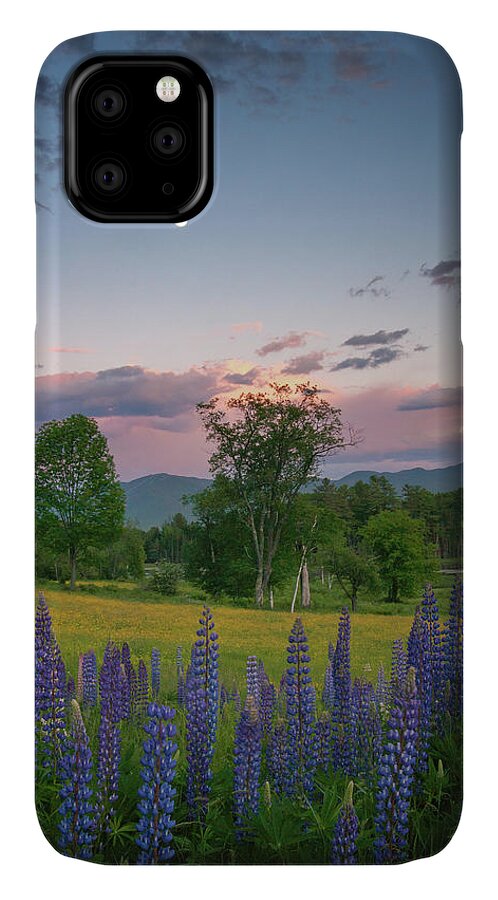 #sunset#lupines#sugarhill#newhampshire#landscape#field#mountains iPhone 11 Case featuring the photograph The Moon Rises Above by Darylann Leonard Photography