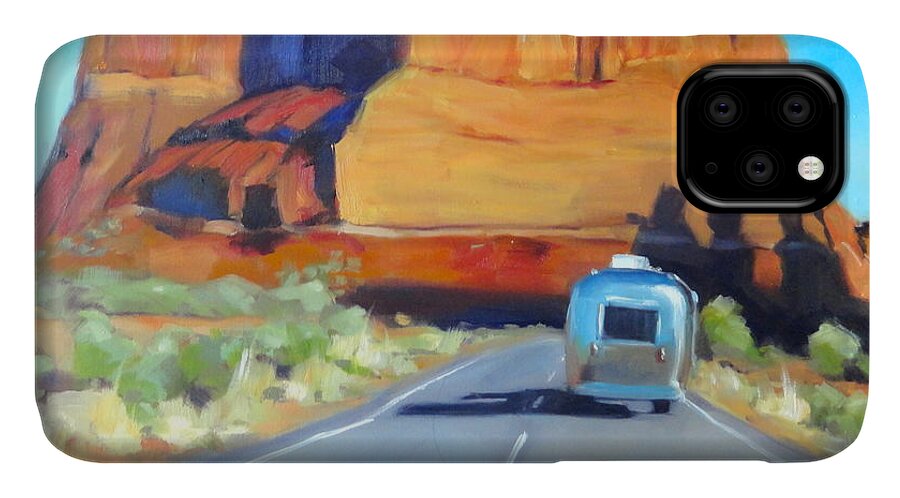 Airstream Art iPhone 11 Case featuring the painting The Shadow of the Three Gossips Arches Utah by Elizabeth Jose