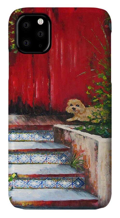 Dog iPhone 11 Case featuring the painting The Wait by Gloria E Barreto-Rodriguez