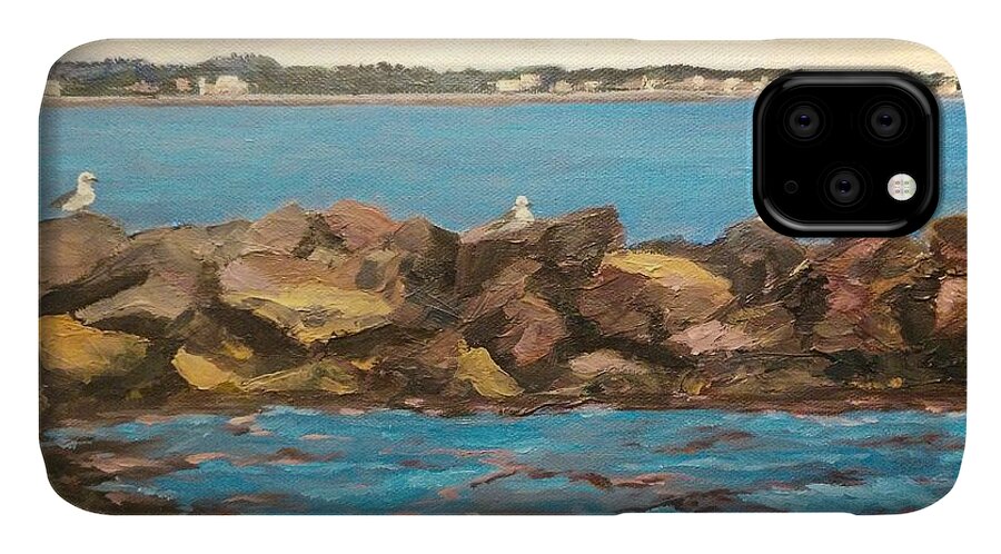 Seascape Art iPhone 11 Case featuring the painting Three birds resting by Ray Khalife