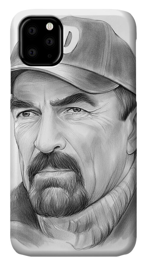 Tom Selleck iPhone 11 Case featuring the drawing Tom Selleck by Greg Joens