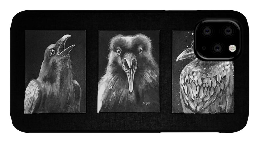Three Ravens iPhone 11 Case featuring the painting Trio of Ravens by Pat Dolan