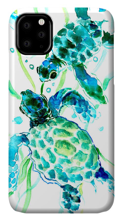 Sea Turtle iPhone 11 Case featuring the painting Turquoise Indigo Sea Turtles by Suren Nersisyan