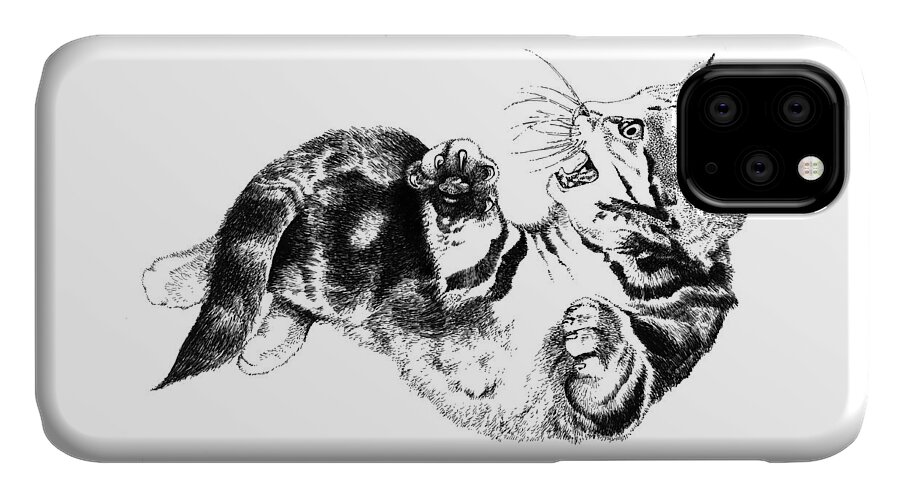Kitten iPhone 11 Case featuring the drawing Twisted Kitten by David Kleinsasser