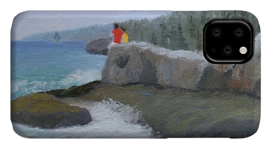 Seascape Ocean Landscape People Children Waves Rocks Maine iPhone 11 Case featuring the painting Two Brothers by Scott W White