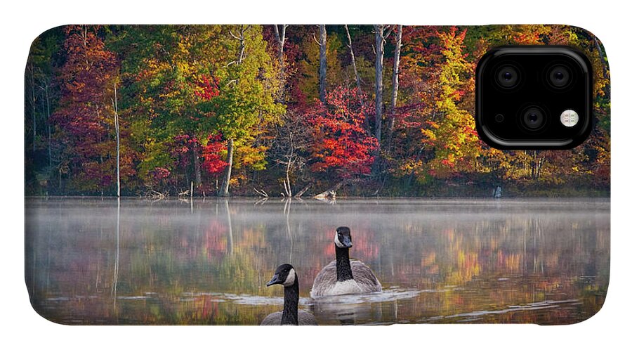Canada iPhone 11 Case featuring the photograph Two Canadian Geese swimming in Autumn by Randall Nyhof