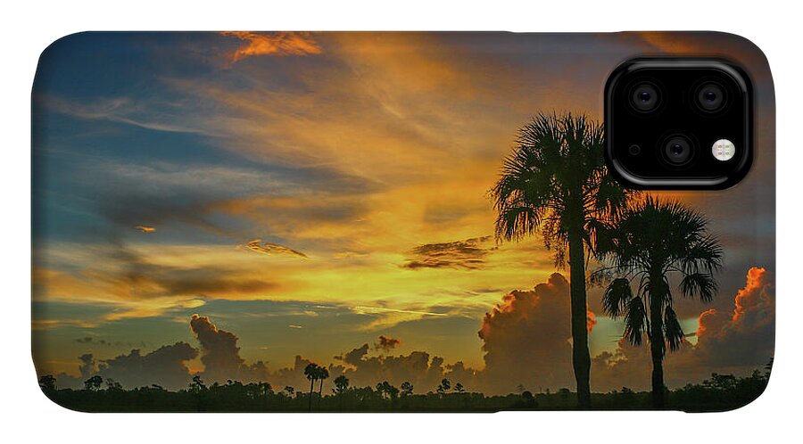 Palm iPhone 11 Case featuring the photograph Two Palm Silhouette Sunrise by Tom Claud