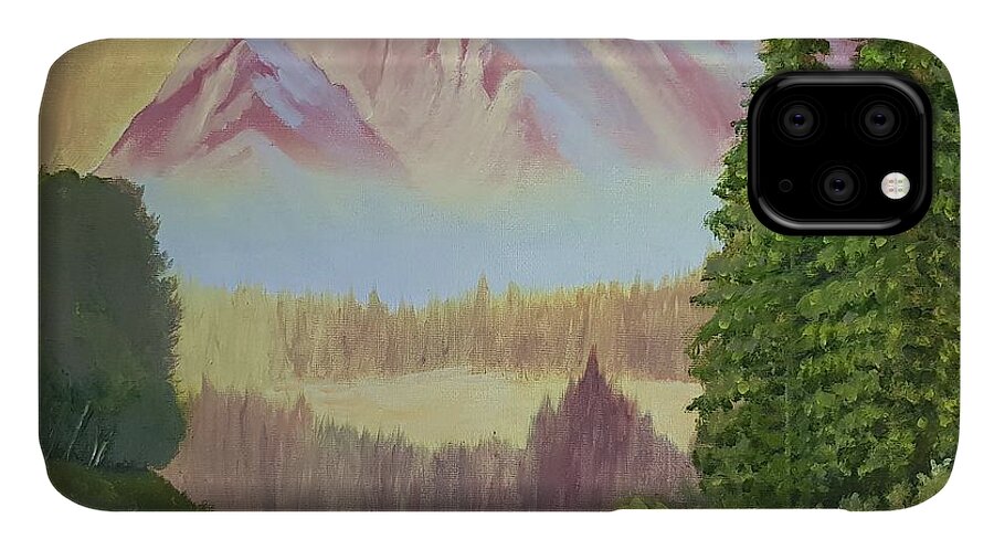 Landscape iPhone 11 Case featuring the painting Warm Mountain by Cassy Allsworth