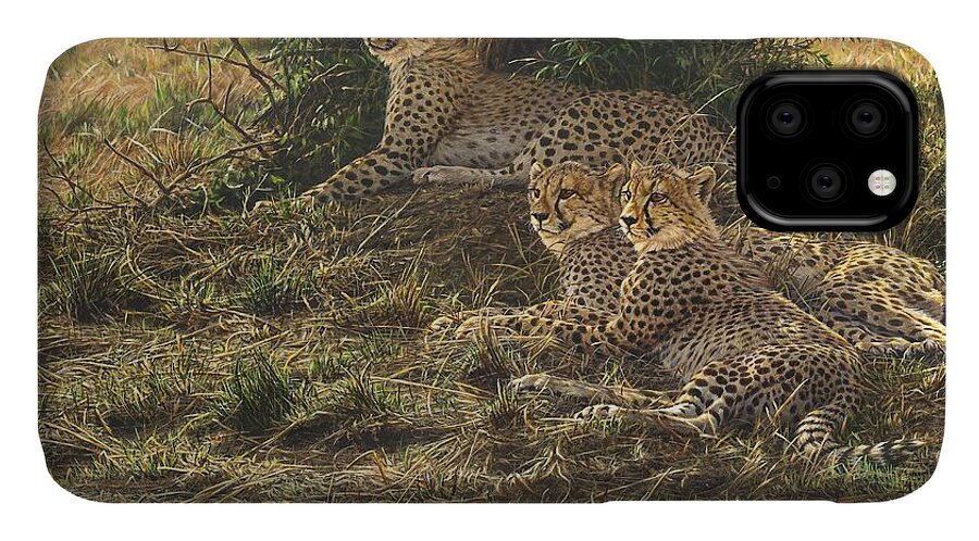 Cheetah iPhone 11 Case featuring the painting Watching Mam by Alan M Hunt