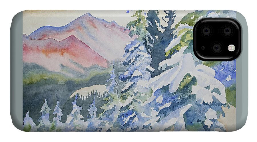 Long's Peak iPhone 11 Case featuring the painting Watercolor - Long's Peak Winter Landscape by Cascade Colors