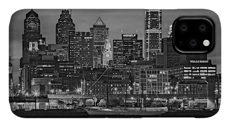 Philadelphia Skyline iPhone 11 Case featuring the photograph Welcome To Penn's Landing BW by Susan Candelario