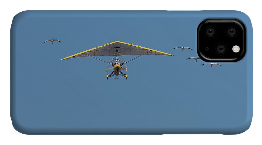 Operation Migration iPhone 11 Case featuring the photograph Whooping Cranes and Operation Migration Ultralight by Paul Rebmann