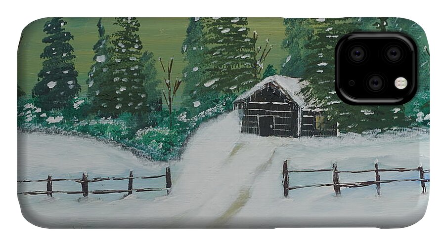Snow iPhone 11 Case featuring the painting Winter Cabin by Jimmy Clark