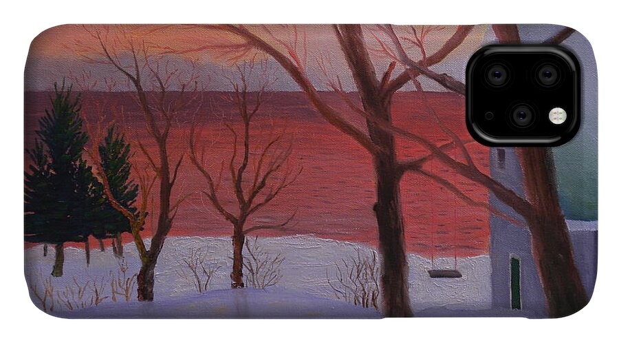 Sunrise Ocean Seascape Landscape Snow Winter Trees House Maine Coast iPhone 11 Case featuring the painting Winter Ocean Sunrise by Scott W White