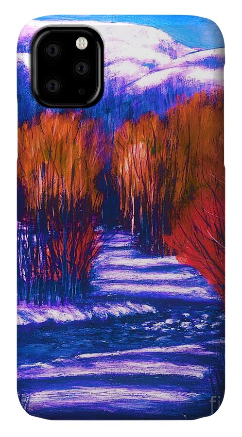 #art #artist #beautiful #colorful #fall #fineart #forest #greenliving #iloveart #interiordesign #landscape #luxuryart #mood #mountains #nature #natureaddict #newartwork #painting #river #snow #trees #winter #winterwonderland iPhone 11 Case featuring the painting Winter Shadows by Allison Constantino